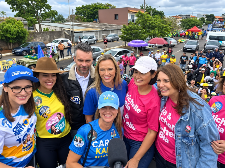 Celina Leão e Michelle Bolsonaro participam de motociata em Brasília na véspera da eleição